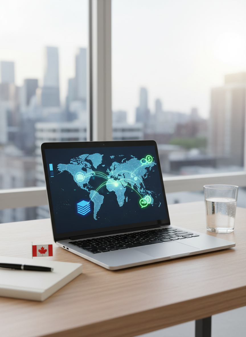 A bright, modern Canadian home office where offshore collaboration is visualized through technology instead of people. A sleek, silver laptop sits open on a light maple desk, its high-resolution screen filled with a world map connected by glowing lines to icons of folders, chat bubbles, and currency symbols, suggesting affordable offshore support. A small Canadian flag pin rests beside a tidy notebook and pen. Soft midday daylight filters through a large window, reflecting on a nearby glass of water. Photographic realism at eye level, with a shallow depth of field that blurs the city skyline outside, creating a calm, trustworthy, professional mood suitable for a business homepage hero image.
