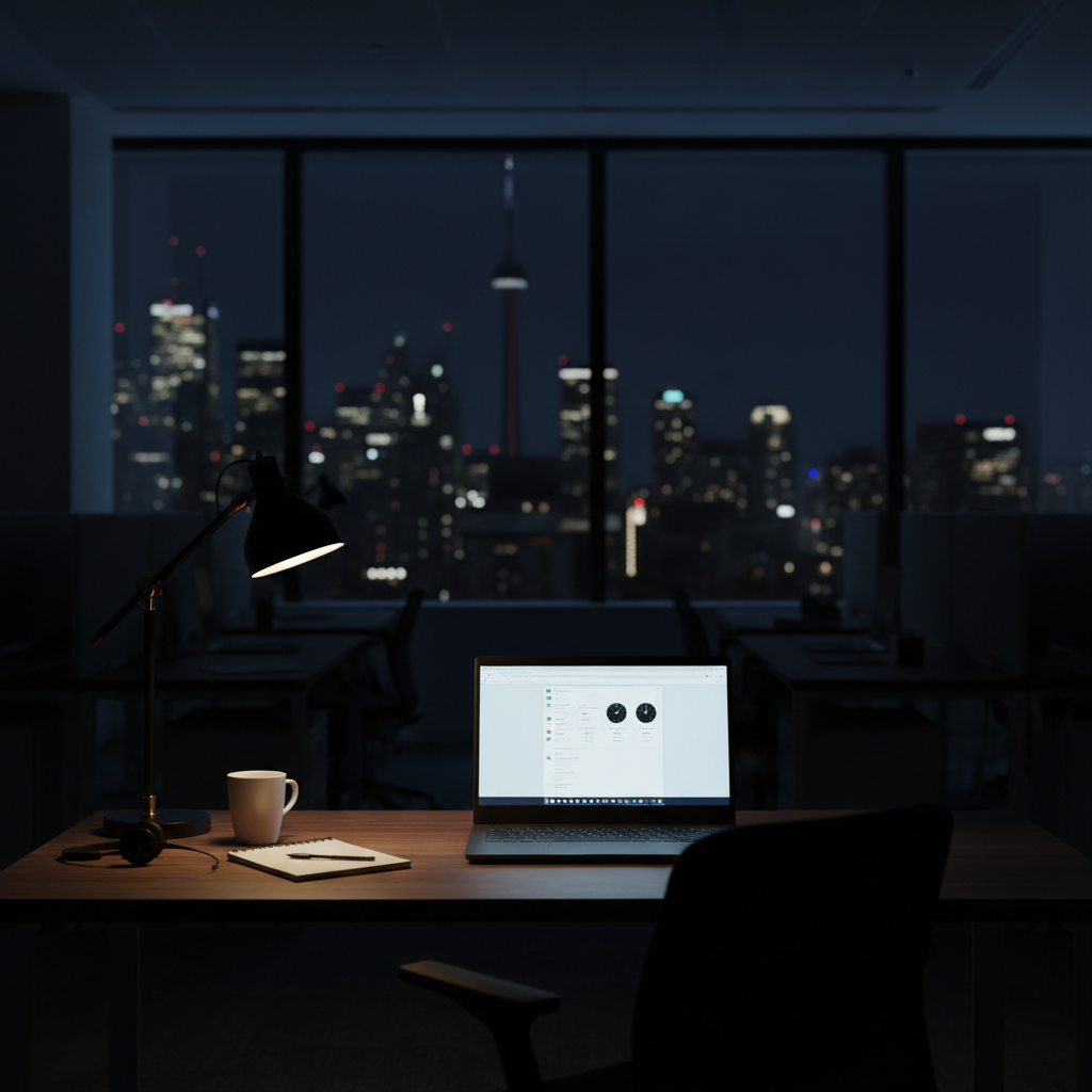 A nighttime photographic scene inside a quiet Canadian office, focusing on a single workstation that stays active thanks to an offshore support team. A minimalist black laptop glows softly on a dark walnut desk, its screen showing an email inbox being updated in real time and a world clock widget with several highlighted time zones. A simple desk lamp casts warm, focused light on a modest spiral notebook, a mug, and a low-cost headset, while the rest of the room recedes into gentle shadow. Outside the window, the city skyline is dimly lit, contrasting with the sense of steady, round-the-clock productivity and dependable offshore coverage.