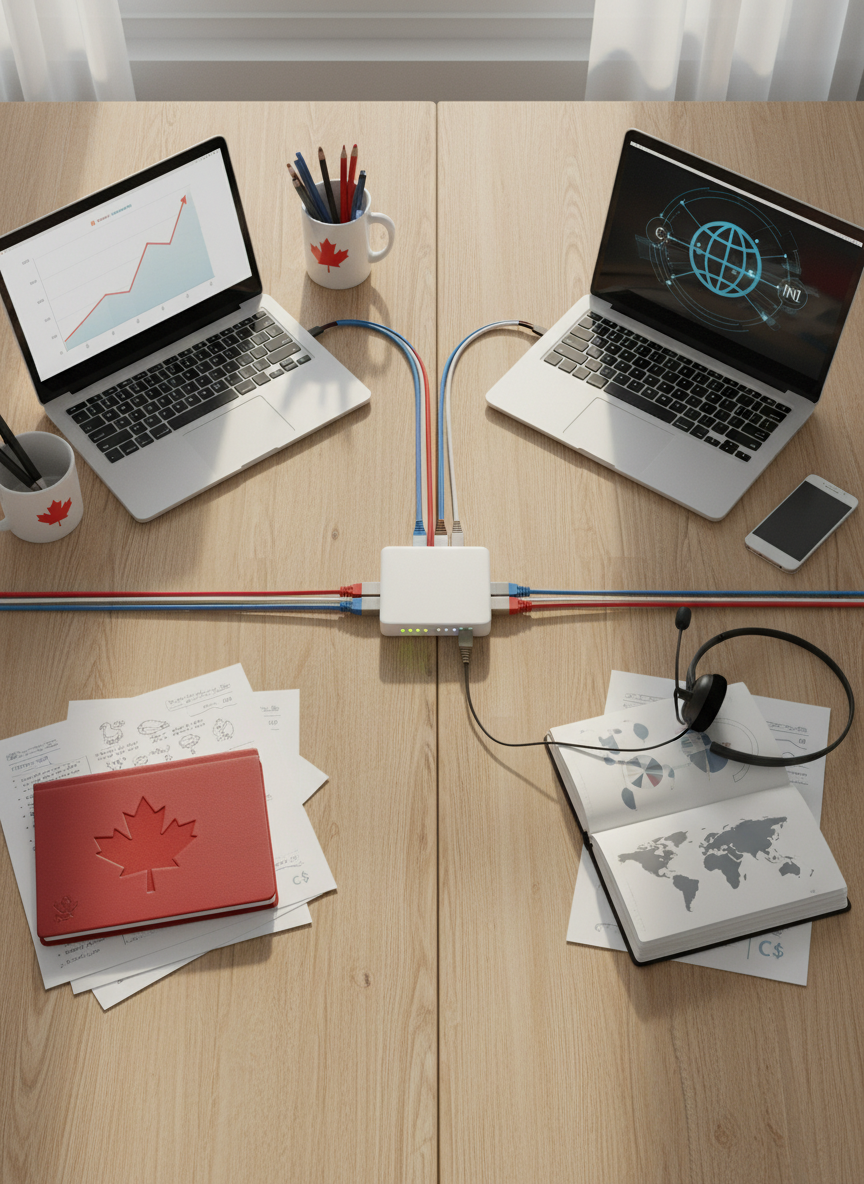 An overhead photographic view of an organized dual-desk workspace representing a Canadian company working seamlessly with an offshore team, without any people present. On one side, a laptop is paired with a red-and-white notebook and documents showing Canadian currency symbols. On the other, a second laptop shows another currency and a simplified globe. Between them, color-coded cables and network devices connect the two setups, visually implying secure remote collaboration. Soft morning light falls across a light oak surface, creating gentle, reassuring shadows. The scene feels efficient yet approachable, with a clean, modern aesthetic and subtle touches like a small, affordable-looking headset and a basic smartphone, underscoring cost-effective, practical support.