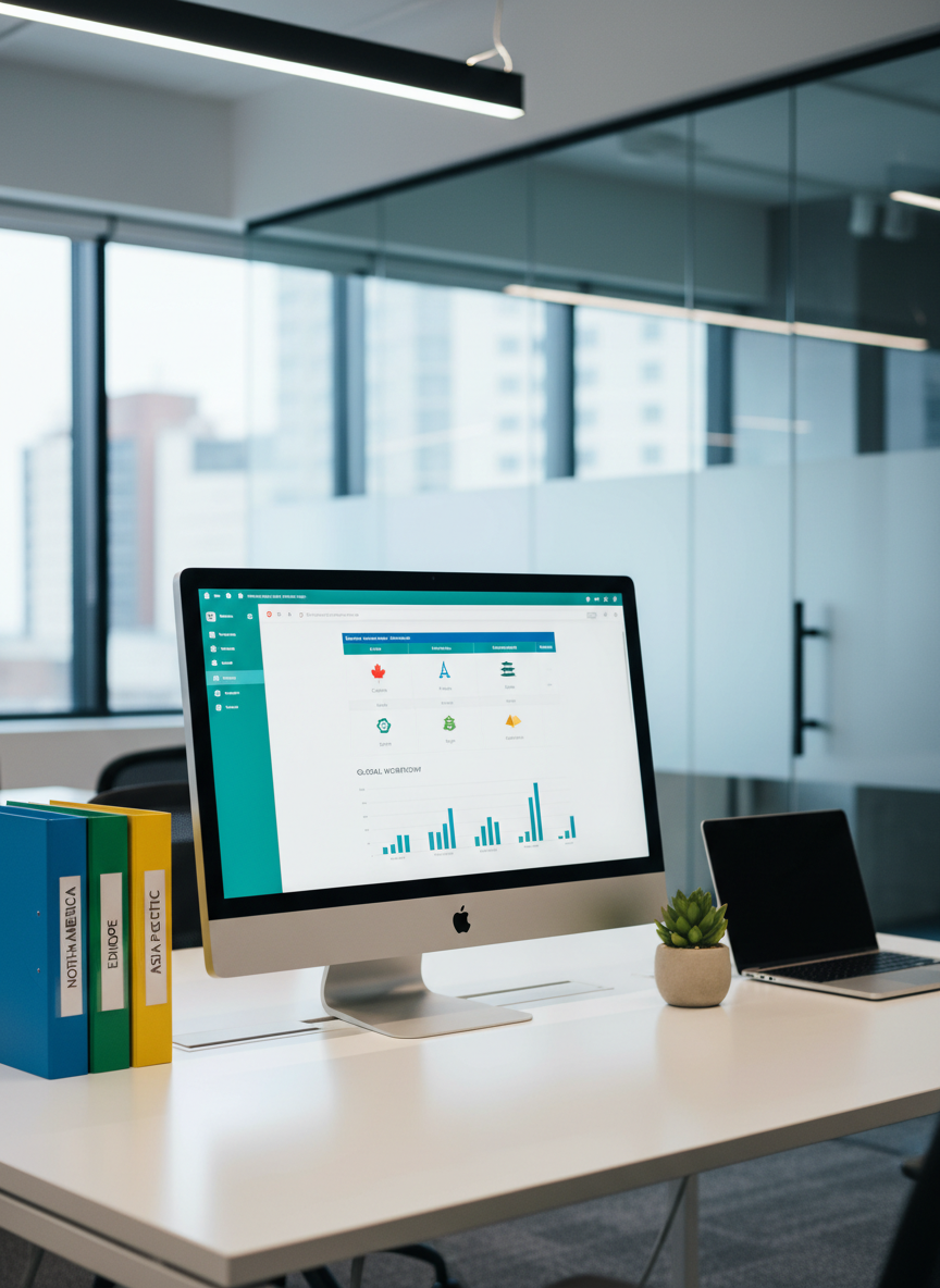 A close-up, eye-level photographic image of a large computer monitor on a clean white desk in a Canadian coworking space, displaying a project management dashboard that shows tasks assigned across different countries by small, abstract icons instead of people. Surrounding the monitor are color-coded folders labeled with continents, a modest potted plant in a simple ceramic pot, and a slim, budget-friendly laptop. Soft, cool-toned overhead office lighting combines with diffused window light, creating a balanced, professional atmosphere. The background shows blurred hints of glass partitions and city buildings, emphasizing a real business environment. The composition is centered and sharp throughout, conveying organization, transparency, and trustworthy offshore support.