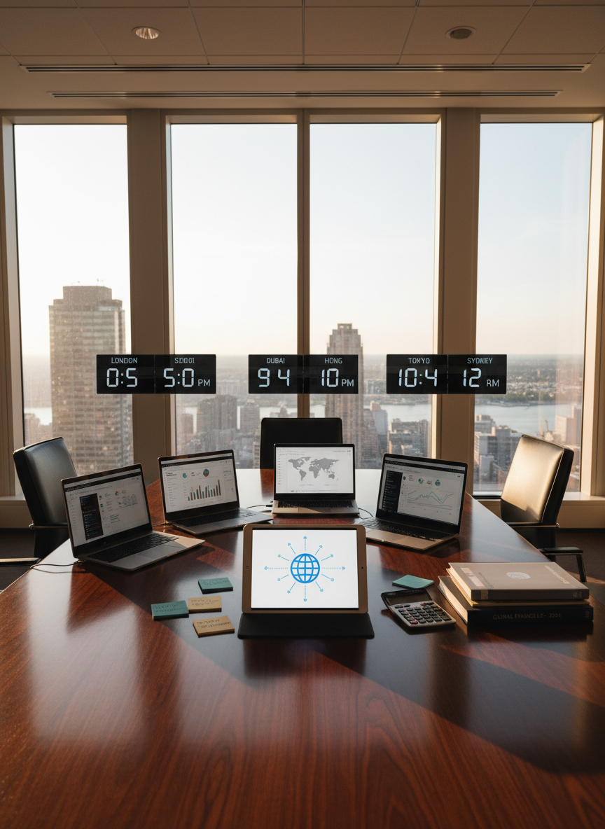 A polished boardroom table in a downtown Canadian office, shot in photographic realism with no people, only evidence of active offshore teamwork. Multiple open laptops show different time zones and project dashboards, arranged in a semi-circle around a central tablet displaying a simplified globe icon with radiating connection lines. Sticky notes in muted colors, a calculator, and a neat stack of budget reports emphasize affordability and cost control. Late afternoon natural light streams through floor-to-ceiling windows, casting gentle shadows across the wood grain. The composition uses the rule of thirds, with the glowing tablet as the focal point, creating a mood of reliability, structure, and confident growth.